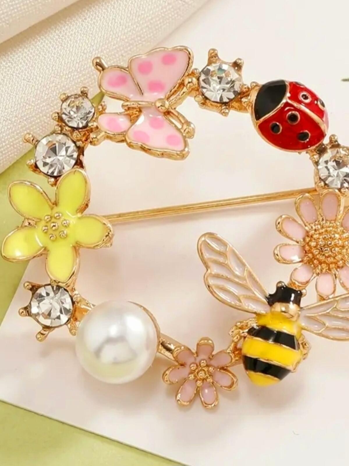 Wreath Floral Brooch with Bee, Ladybug, and Pearl