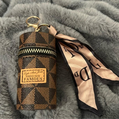 Brown and Black Cylindrical Mini Zipper Pouch Keychain Charm with Scarf nwot