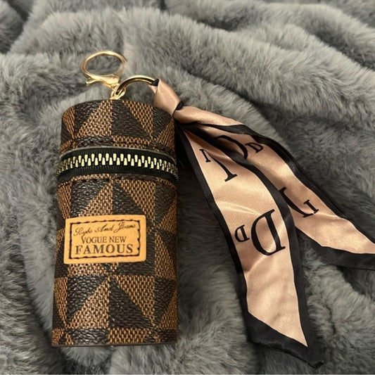 Brown and Black Cylindrical Mini Zipper Pouch Keychain Charm with Scarf nwot