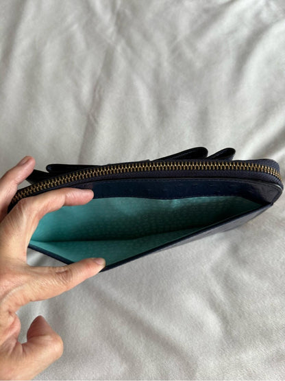Kate Spade Beacon Court Lacey Zip Around Bow Wallet Blue Ostrich Embossed