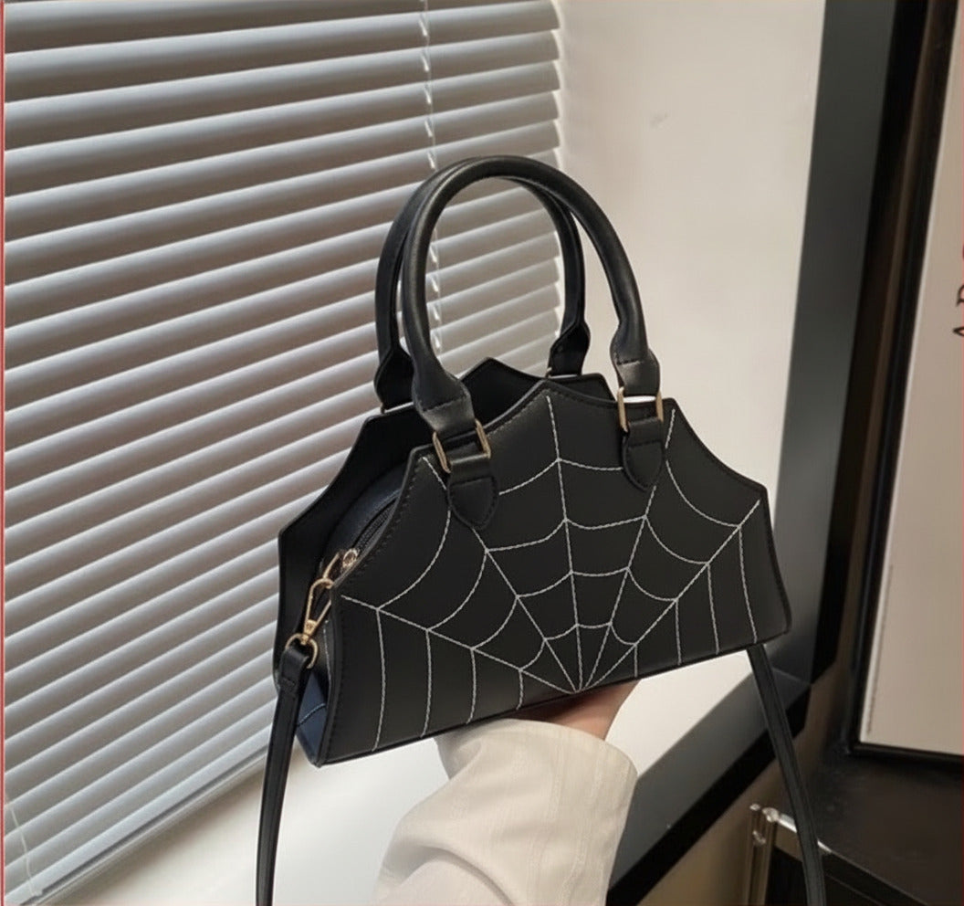 Black Spider Web Pattern Handbag with Detachable Strap - Casual Streetwear Purse