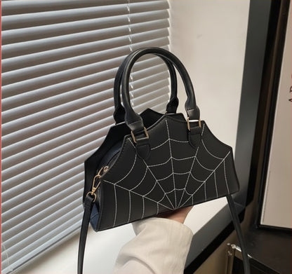 Black Spider Web Pattern Handbag with Detachable Strap - Casual Streetwear Purse