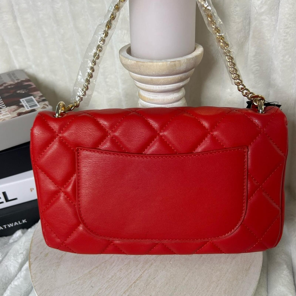 Badgley Mischka Red Quilted Crossbody Bag Gold Studs Chain Strap NWT