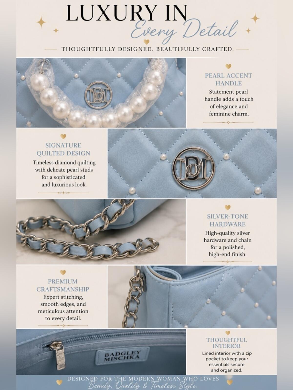 Studio Badgley Mischka Light Blue Vegan Leather Quilted Shoulder Bag with Pearl-