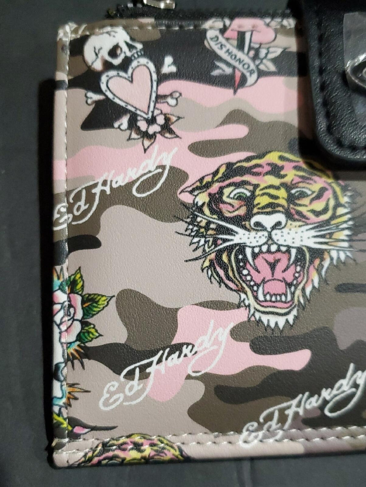 Ed Hardy Camo Tattoo XL Wallet Clutch Black Pink Gray