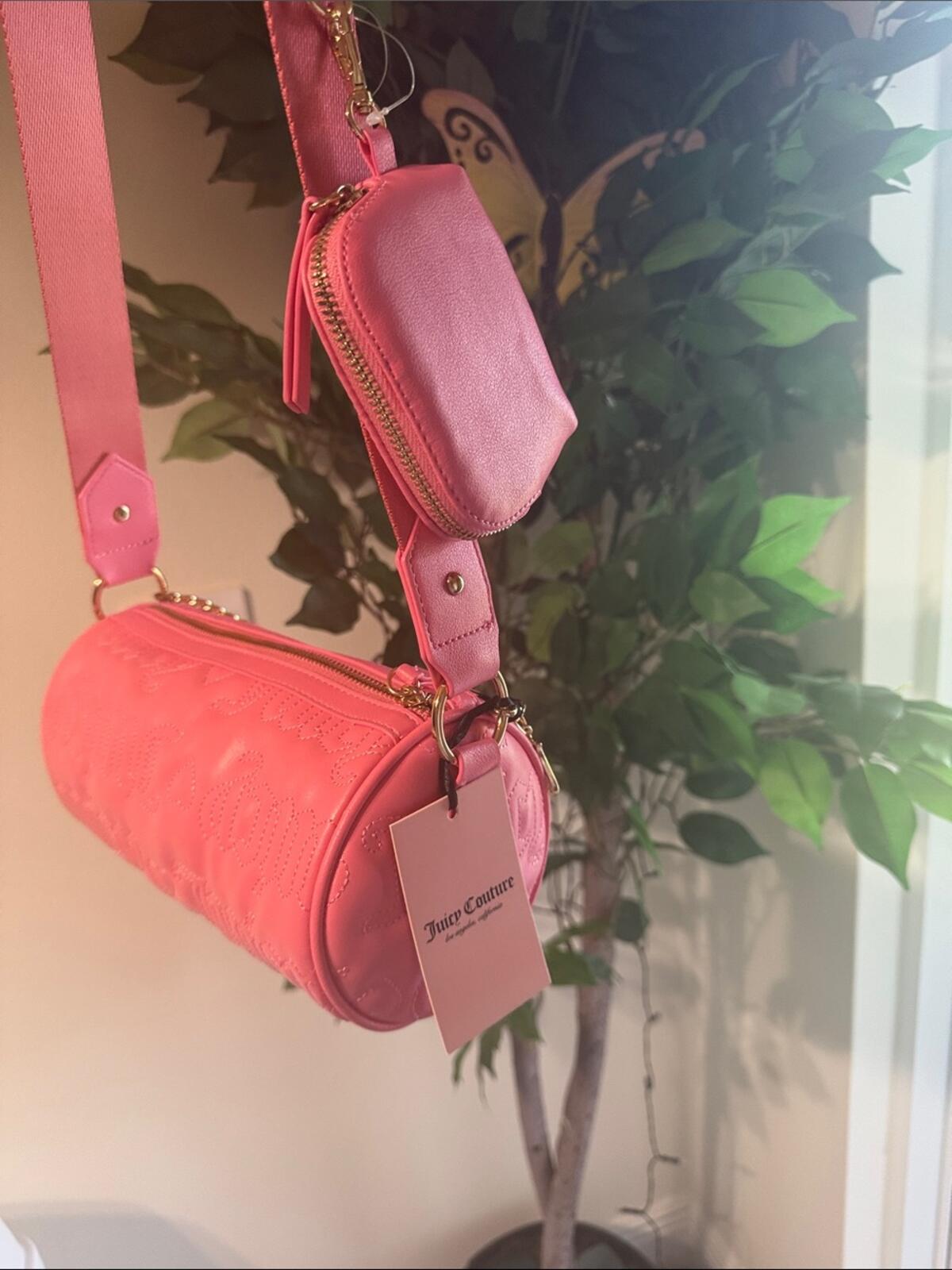Juicy Couture Pink Quilted Barrel Crossbody Bag with Gold Chain Accent