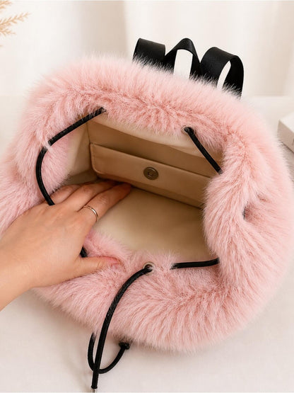 Blush Pink Faux Fur Backpack | Soft Plush Mini Bag | Trendy Drawstring Purse