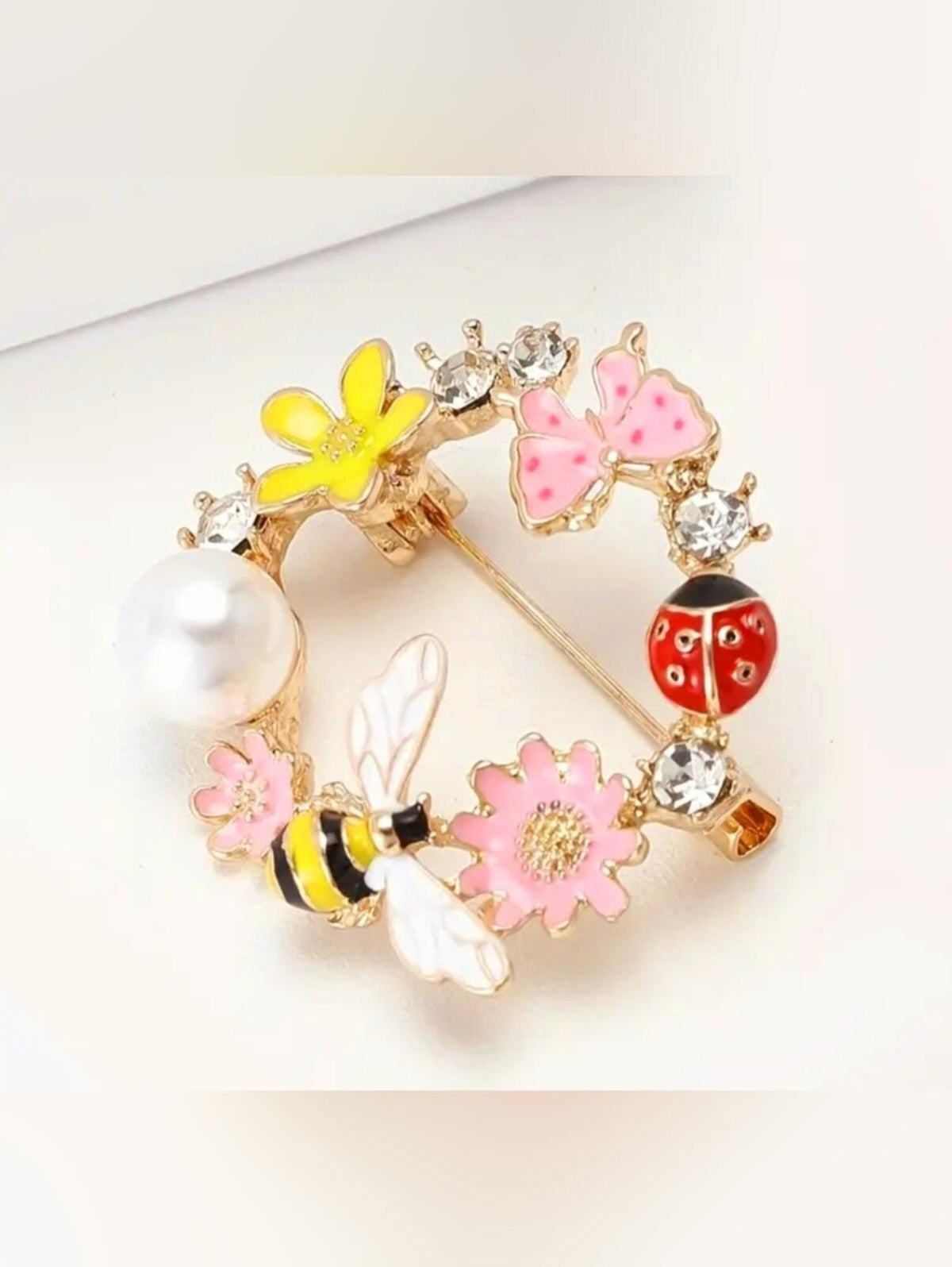 Wreath Floral Brooch with Bee, Ladybug, and Pearl
