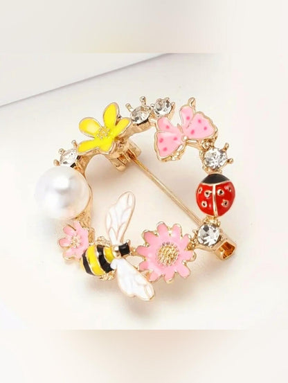 Wreath Floral Brooch with Bee, Ladybug, and Pearl