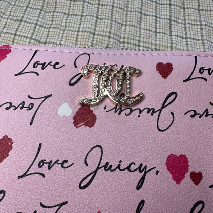 Exclusive Juicy Couture Pink Heart Print Zip Wallet with Gold Logo Charm