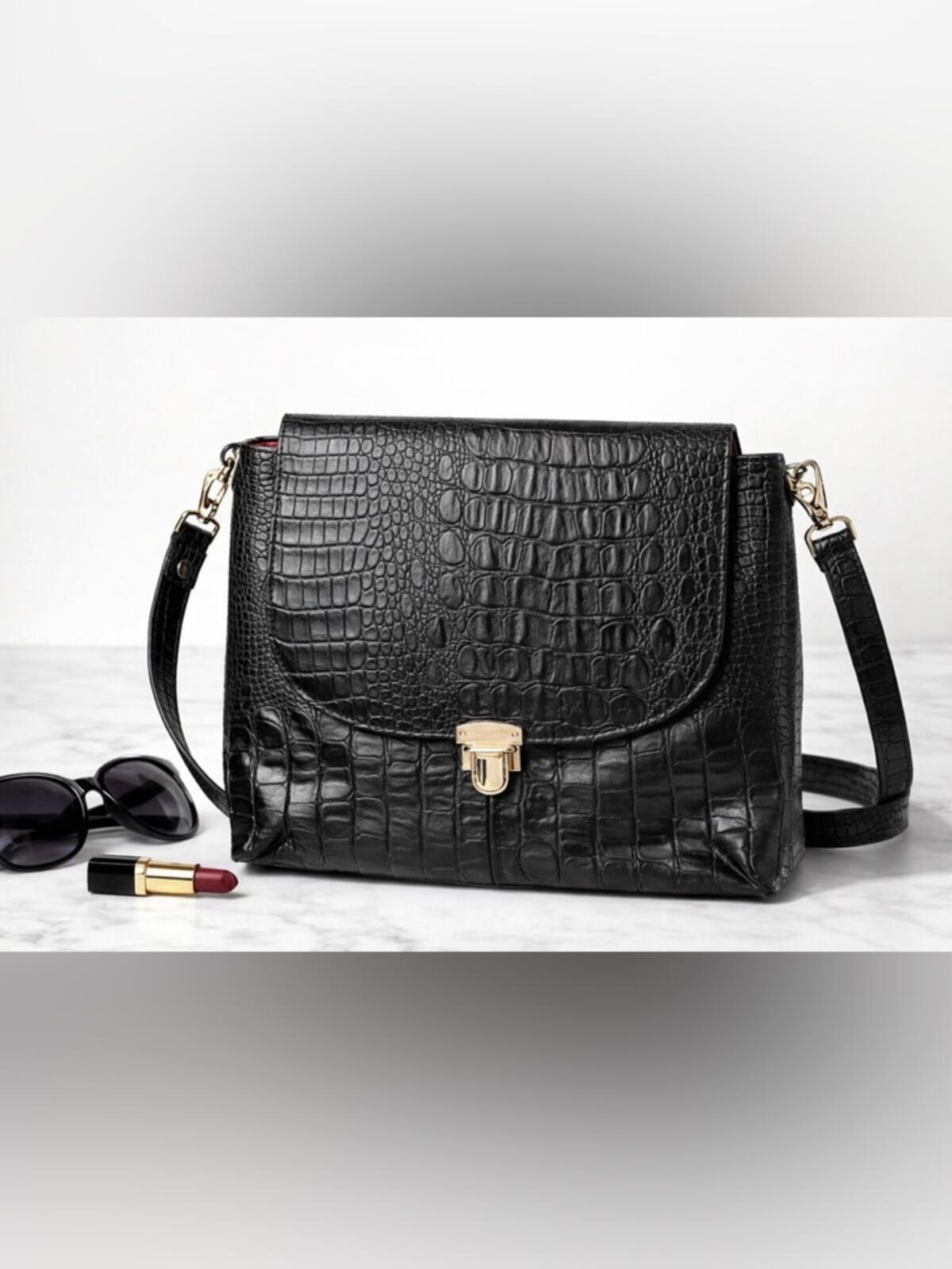Black Croc Embossed Crossbody Bag Red Lining Statement Purse