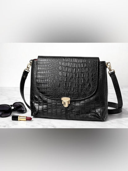 Black Croc Embossed Crossbody Bag Red Lining Statement Purse