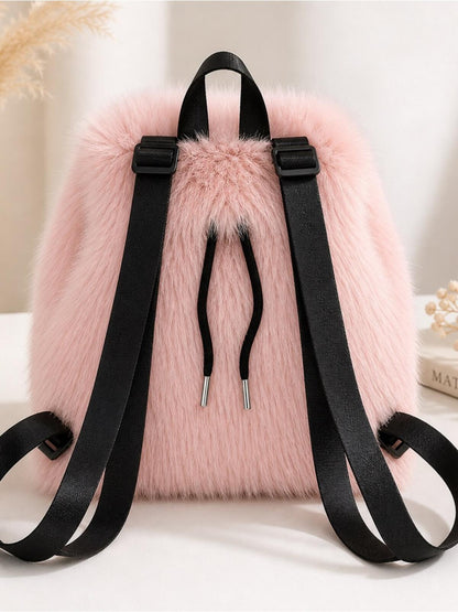 Blush Pink Faux Fur Backpack | Soft Plush Mini Bag | Trendy Drawstring Purse