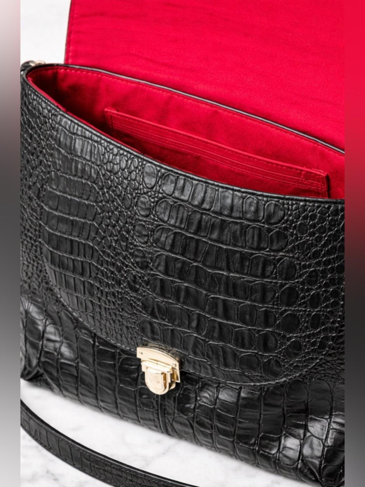 Black Croc Embossed Crossbody Bag Red Lining Statement Purse