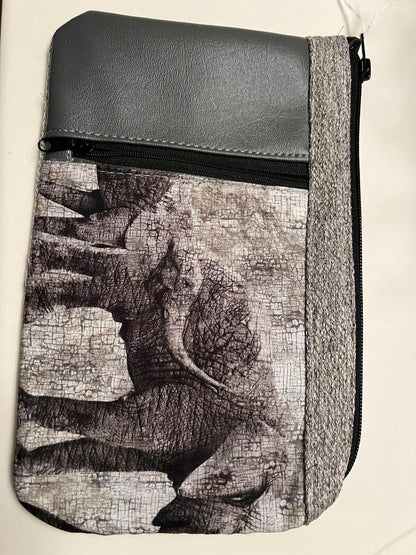 Handmade Elephant Zipper Clutch Gray Fabric Wildlife Makeup Pouch 10x6