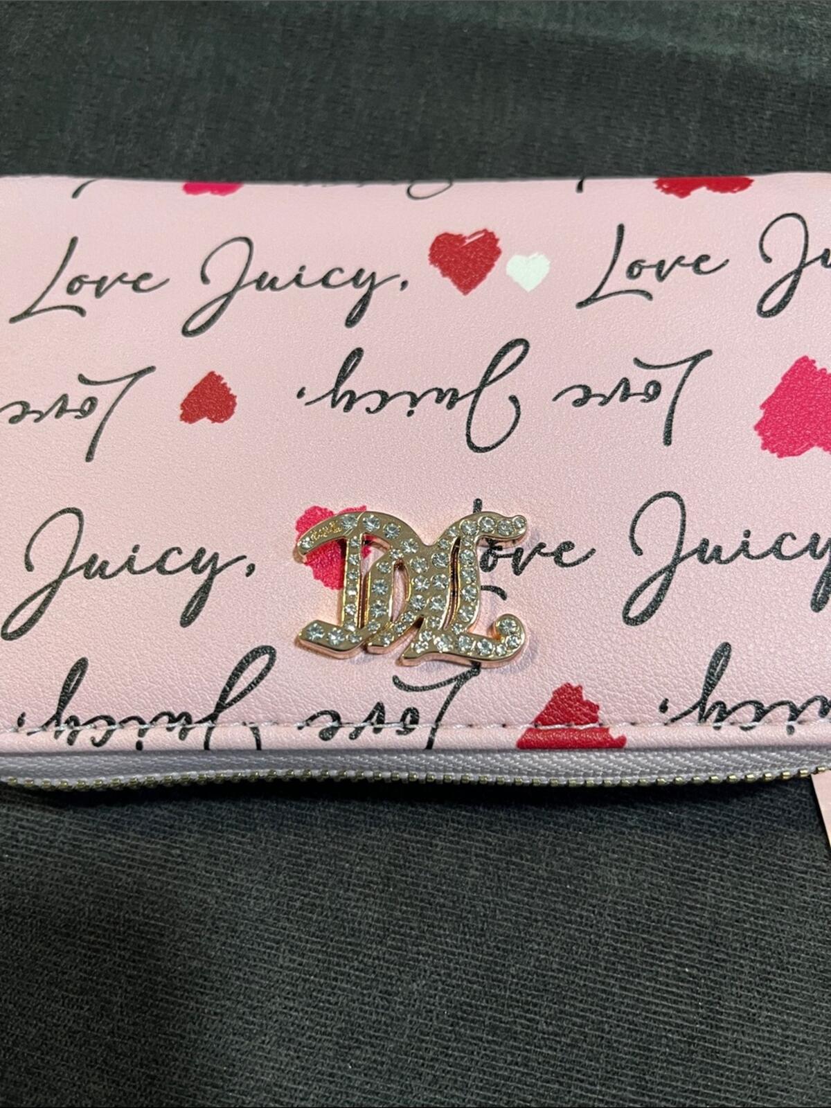 Juicy Couture Pink Script & Heart Zip-Around Wallet with Gold Logo Charm