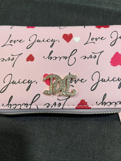 Juicy Couture Pink Script & Heart Zip-Around Wallet with Gold Logo Charm