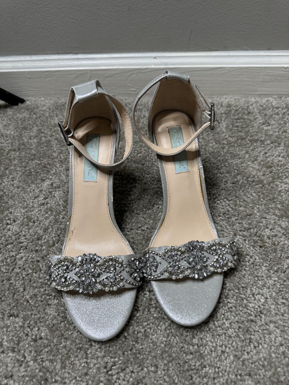 Betsey Johnson Silver Beaded Ankle Strap Heels - Size 8