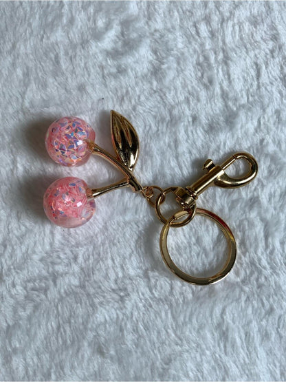 Gold Tone Cherry Keychain with Pink Bead Charm
