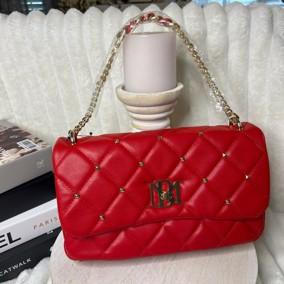 Badgley Mischka Red Quilted Crossbody Bag Gold Studs Chain Strap NWT