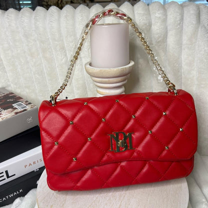 Badgley Mischka Red Quilted Crossbody Bag Gold Studs Chain Strap NWT