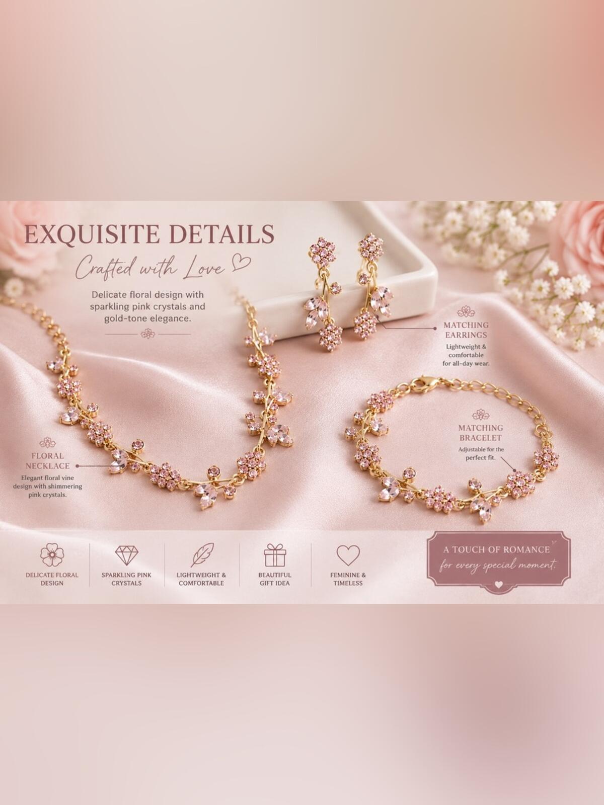 Pink Floral Crystal Jewelry Set | Necklace Bracelet Earrings | Coquette