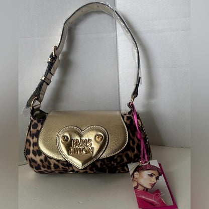 Paris Hilton New With Tags Leopard Print Gold Heart Baguette Shoulder Bag