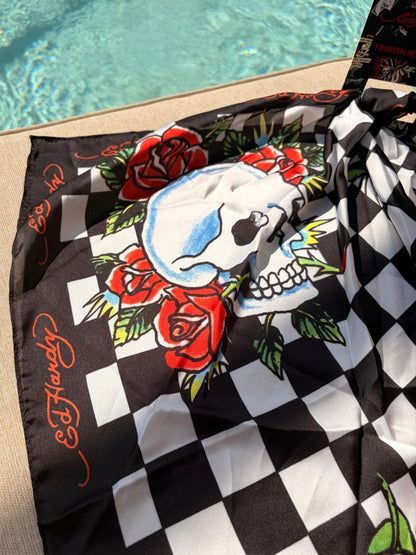 Ed Hardy Checkerboard Skull Rose Head Scarf NWT