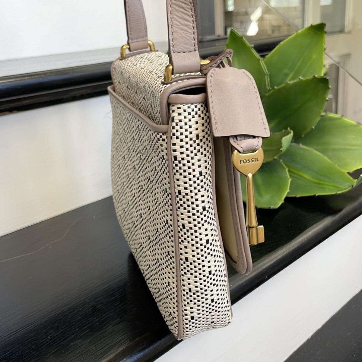 Fossil Canvas Leather Crossbody Satchel Key Charm Cream Tan