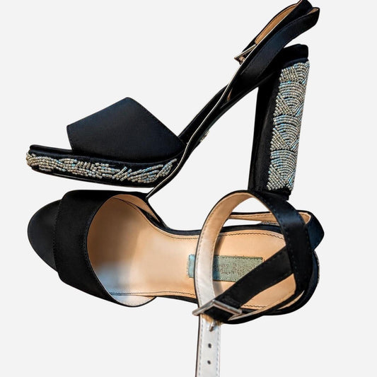 Betsey Johnson Black Beaded Block Heel Sandals, Size 8