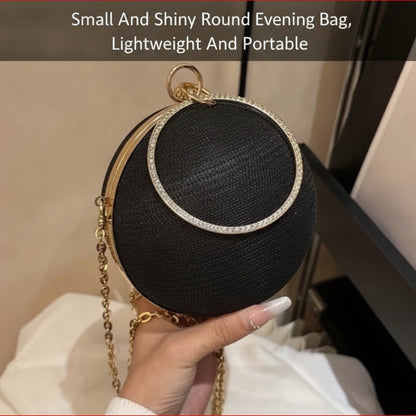 Small and Shiny Round Evening Bag with Gold Chain and Rhinestone Handle