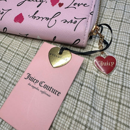 Exclusive Juicy Couture Pink Heart Print Zip Wallet with Gold Logo Charm