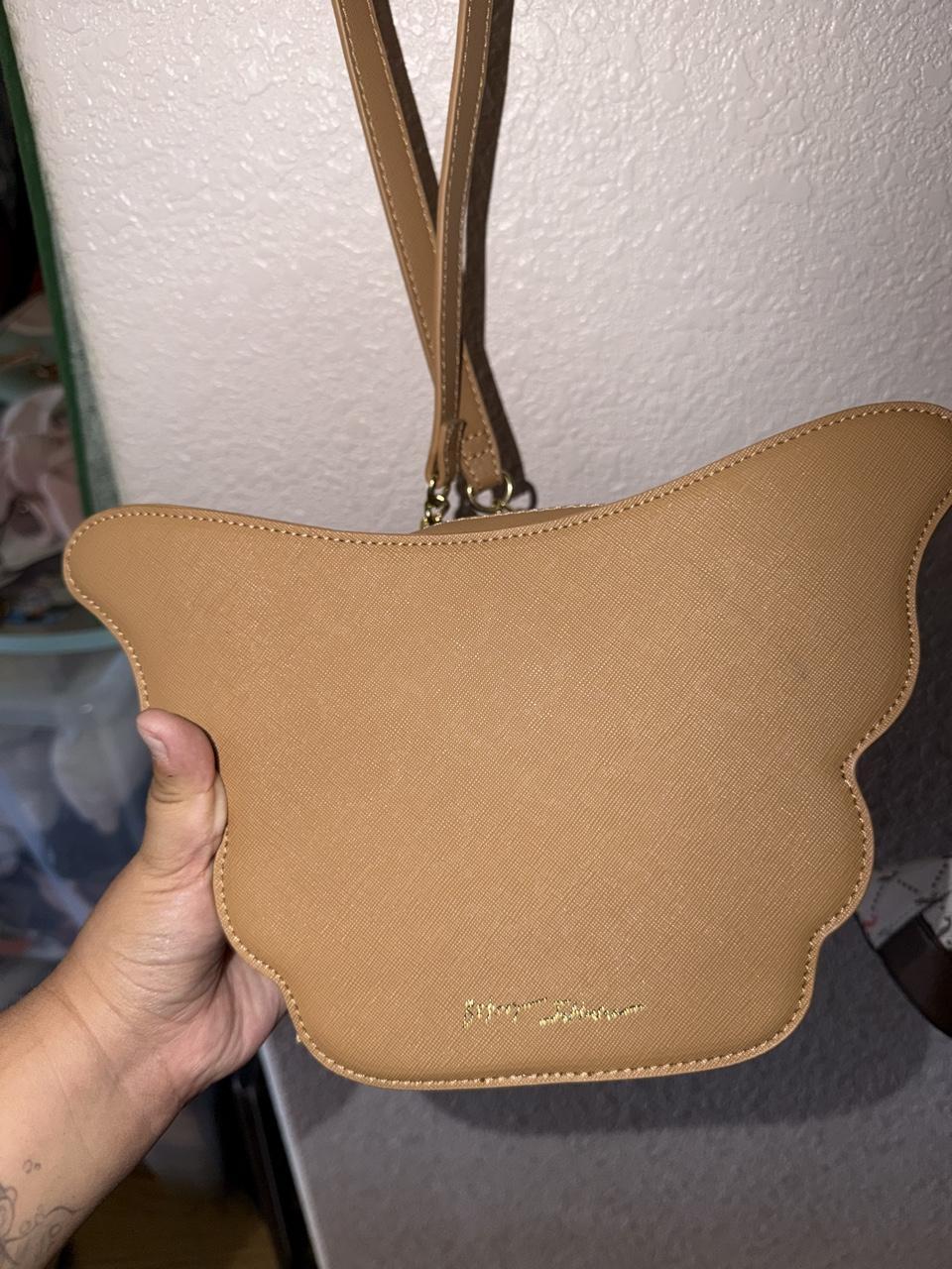 Betsey Johnson Tan Butterfly Crossbody Bag with Pink Heart Accents