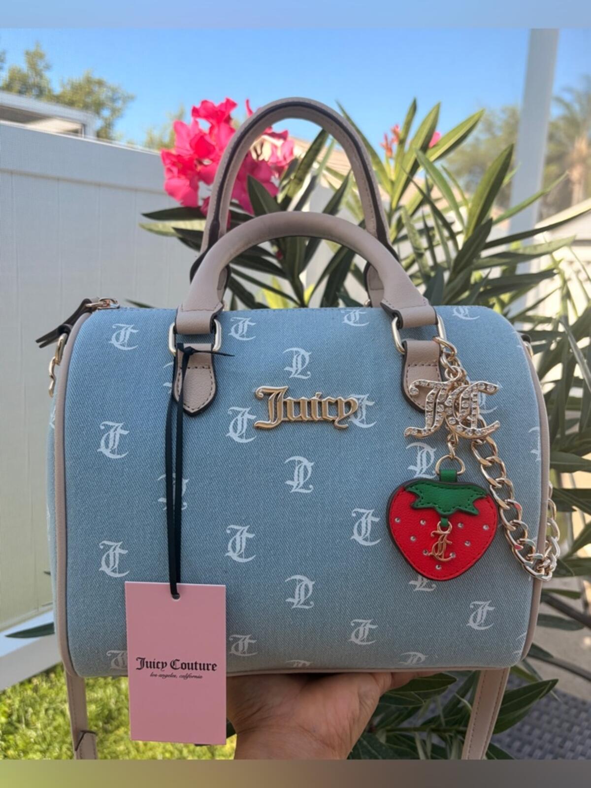 Juicy Couture Blue Monogram Satchel Handbag with Strawberry Charm