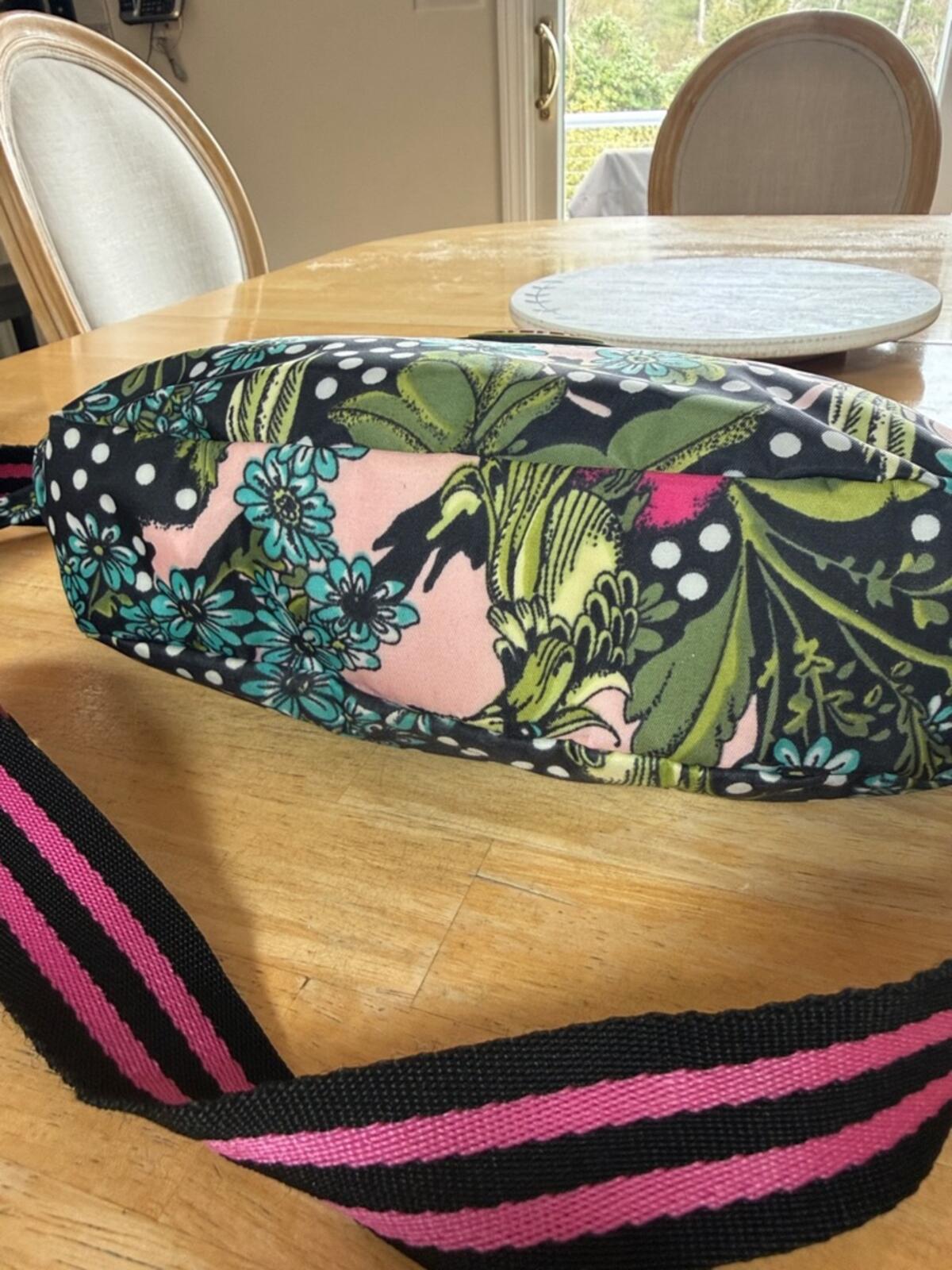 Oilily Pink and Black Floral Polka Dot Crossbody Bag with Adjustable Strap