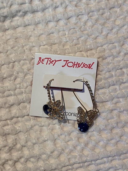 Betsey Johnson Gold Filigree Butterfly Blue CZ Crystal Drop Hoop Earrings NWT