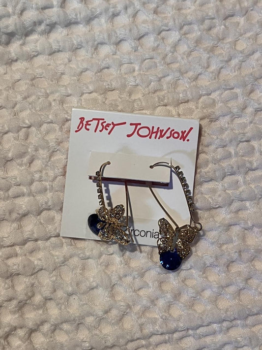 Betsey Johnson Gold Filigree Butterfly Blue CZ Crystal Drop Hoop Earrings NWT
