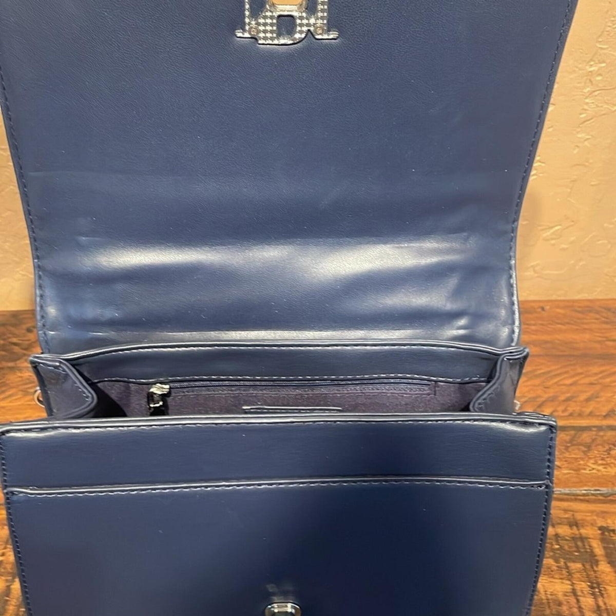 Badgley Mischka Blue Quilted Crossbody Bag with Pearl Accents and Silver Chain