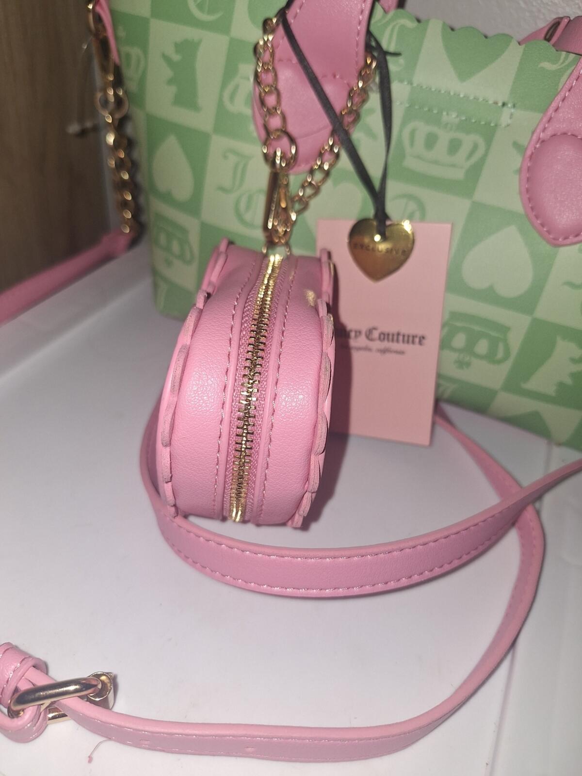 Juicy Couture Sweet Break Time Green Pink Checkerboard Tote Heart Charm
