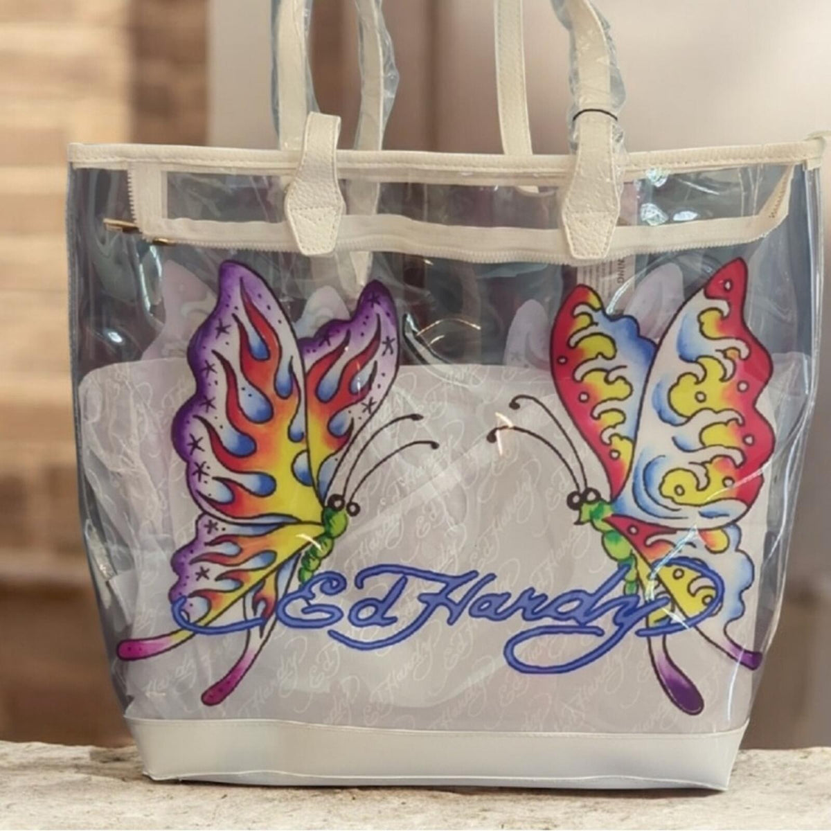 Ed Hardy Clear Butterfly Tote Bag PVC Cream Trim Stadium Bag NWT