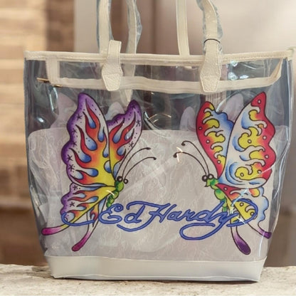 Ed Hardy Clear Butterfly Tote Bag PVC Cream Trim Stadium Bag NWT