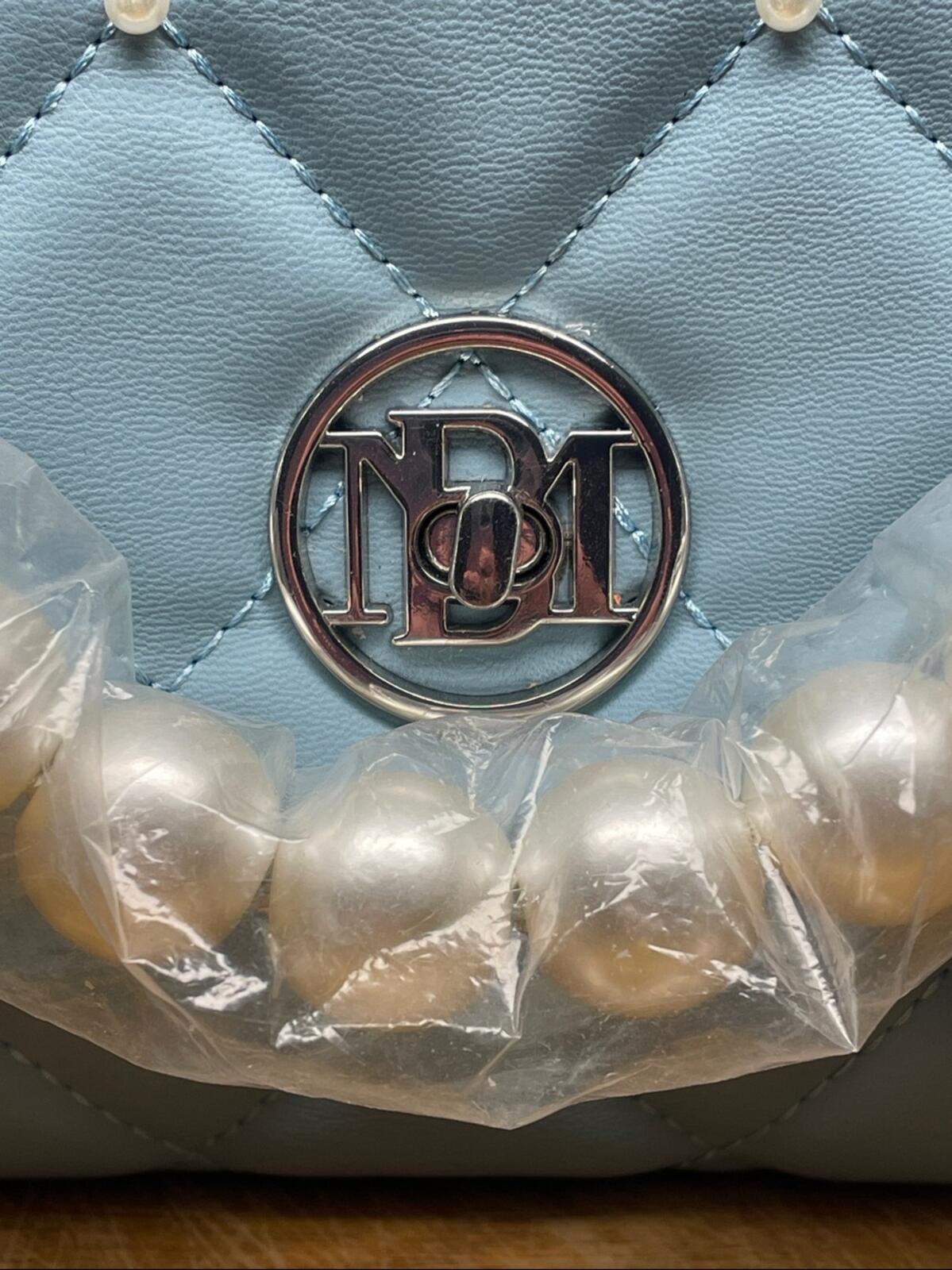 Studio Badgley Mischka Light Blue Vegan Leather Quilted Shoulder Bag with Pearl-