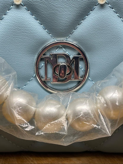 Studio Badgley Mischka Light Blue Vegan Leather Quilted Shoulder Bag with Pearl-