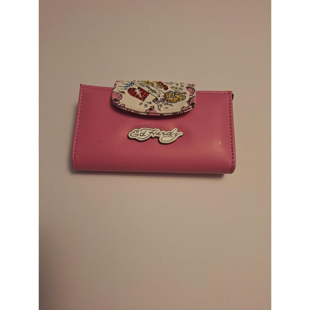 Ed Hardy Pink Trifold Wallet Tattoo Heart Dagger Skull Print Y2K Streetwear