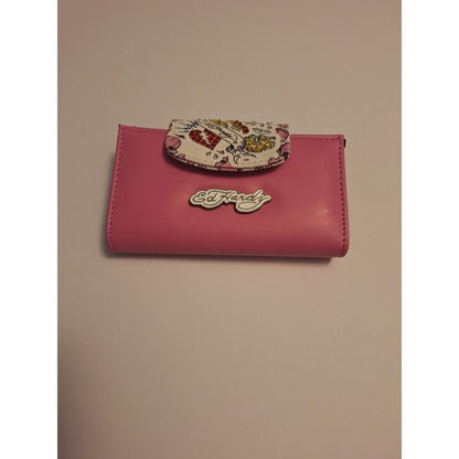 Ed Hardy Pink Trifold Wallet Tattoo Heart Dagger Skull Print Y2K Streetwear