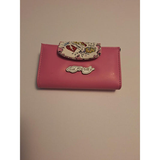 Ed Hardy Pink Trifold Wallet Tattoo Heart Dagger Skull Print Y2K Streetwear