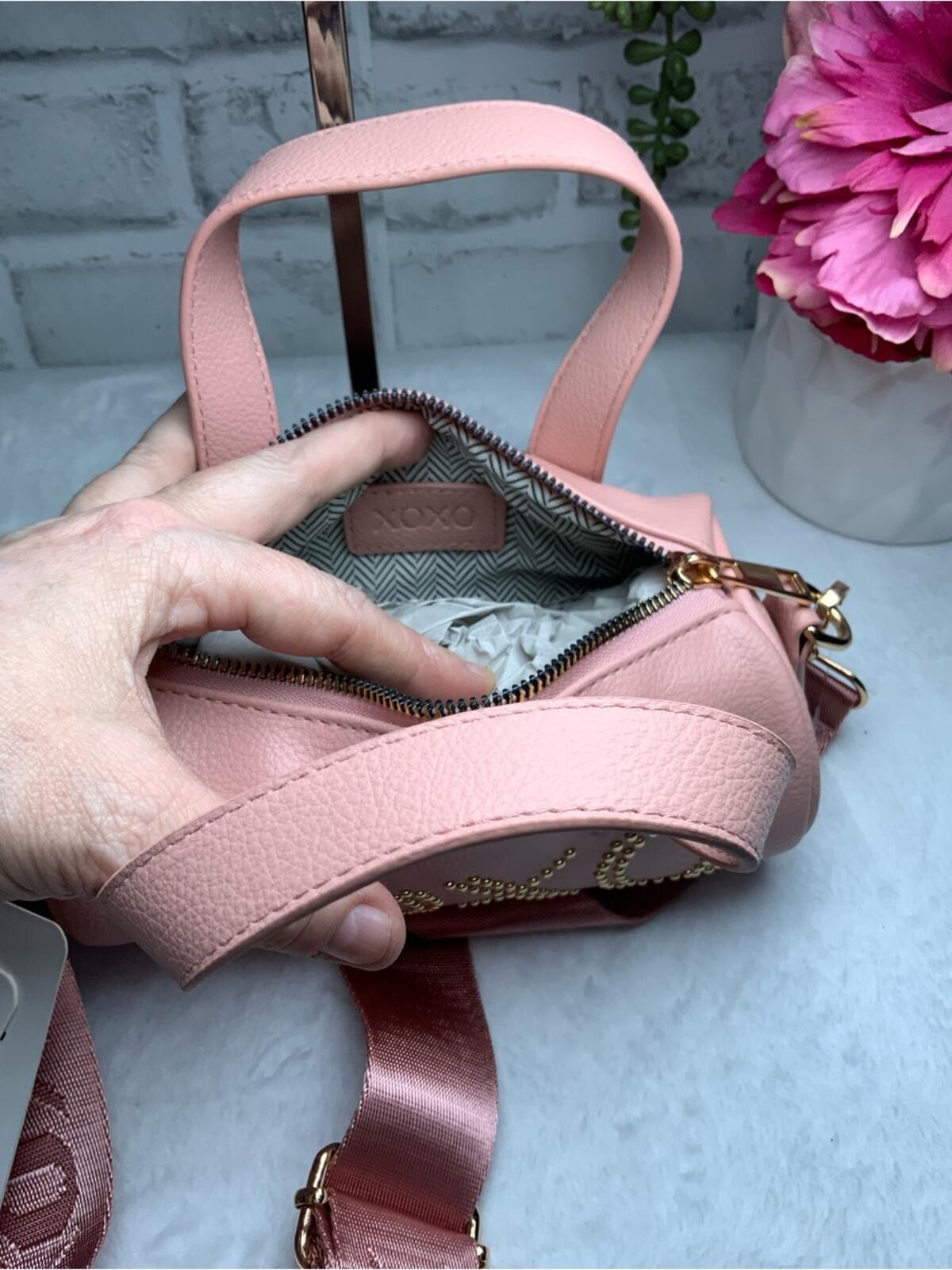 XOXO Pink Vegan Leather Mini Barrel Crossbody Bag with Brown Strap