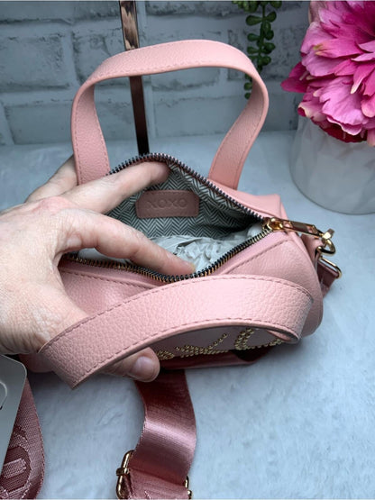 XOXO Pink Vegan Leather Mini Barrel Crossbody Bag with Brown Strap