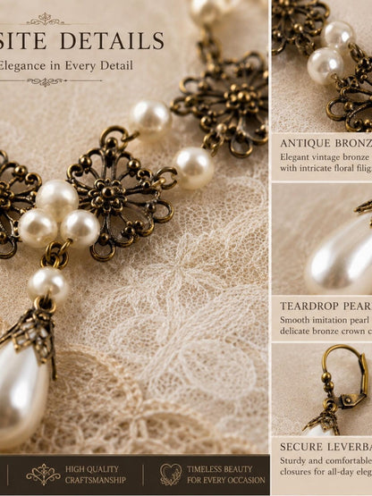 Vintage Victorian Pearl Necklace & Earrings Set • Antique Bronze Filigree