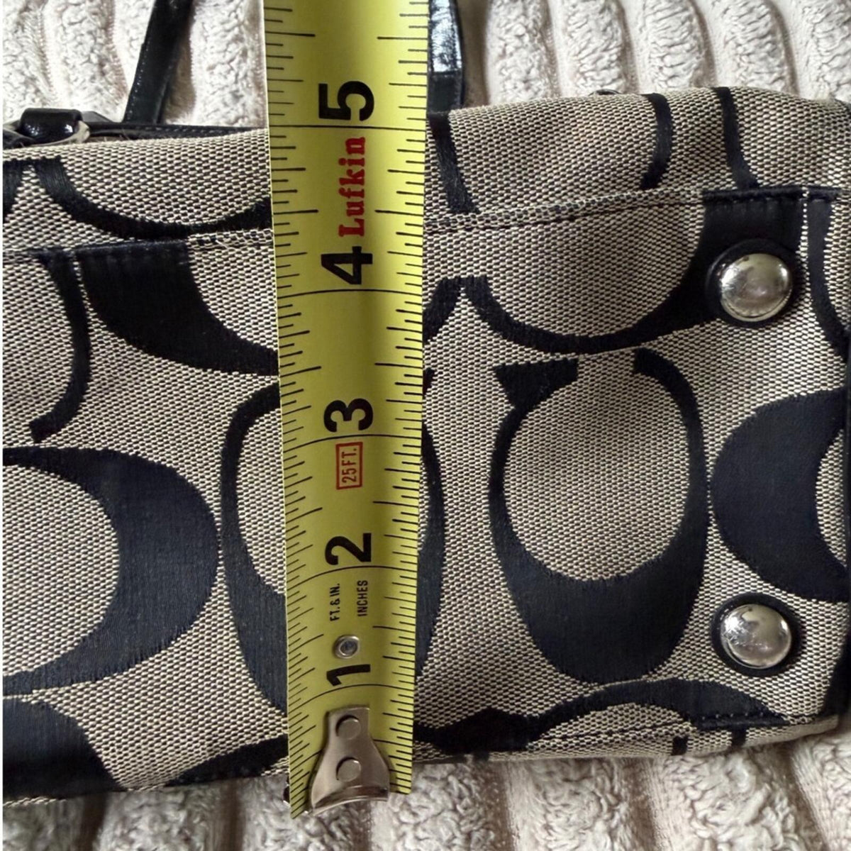 Coach Signature Stripe Satchel Bag Black Khaki Canvas Patent Leather F25526